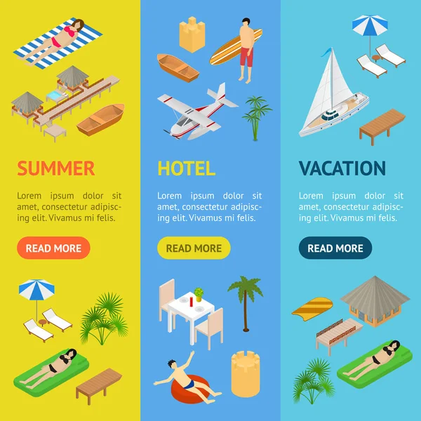 Beach Vacation Banner Vecrtical Set 3d Isometric View. Vector — Stock Vector