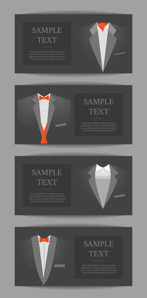 Cartoon Business Card with Suits and Tuxedo Banner Horizontal Set. Vector