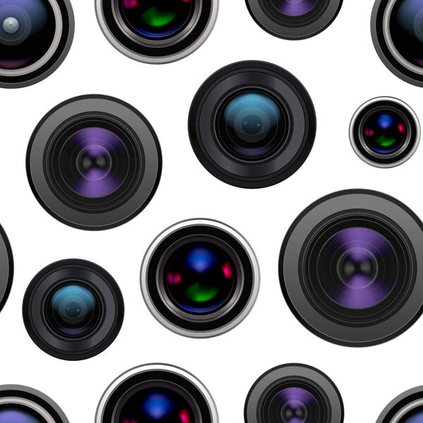 Realistic Detailed 3d Camera Lens Seamless Pattern Background. Vector
