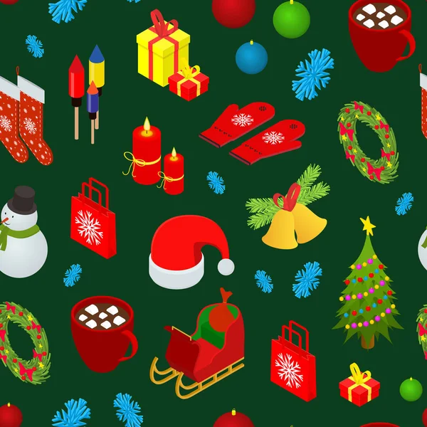 Weihnachtsfeier nahtlose Muster Hintergrund 3d isometrische Ansicht. Vektor — Stockvektor
