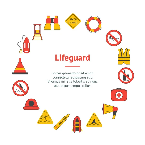 Cartoon Lifeguard Signs Banner Card Circle. Vektor - Stok Vektor