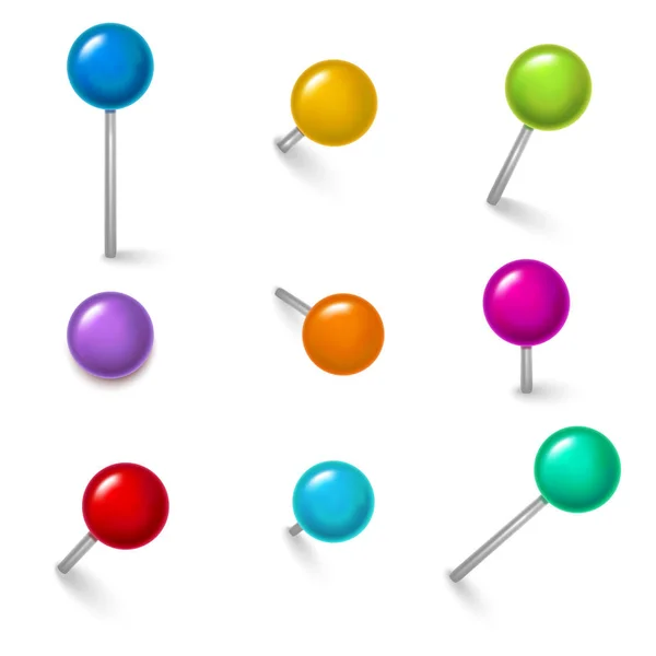 Realistische detaillierte 3D bunte Stecknadeln aus verschiedenen Winkeln eingestellt. Vektor — Stockvektor