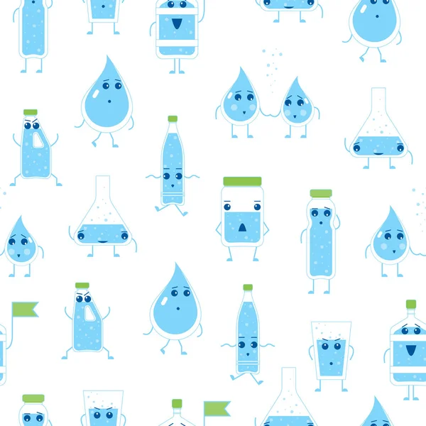 Cartoon Wasser komische Emotionen Flasche nahtlose Muster Hintergrund. Vektor — Stockvektor