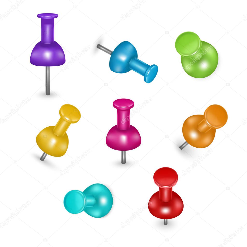 Realistic Detailed 3d Colorful Push Pins Different Angles Set. Vector