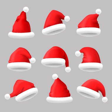 Gerçekçi 3D Detaylı Kırmızı Noel Baba Şapkası Seti. Vektör