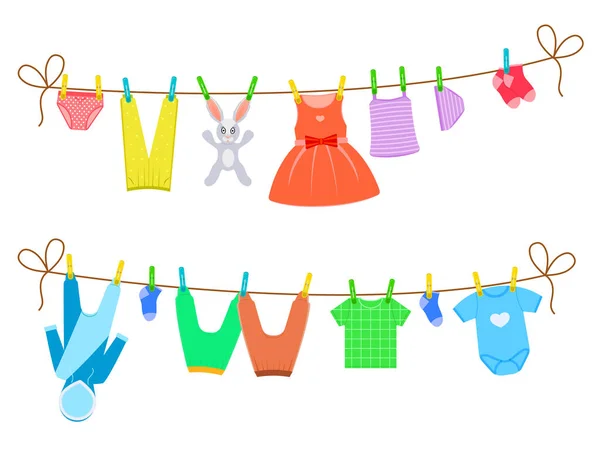 Cartoon Color Clothes on Clothesline Set (en inglés). Vector — Vector de stock