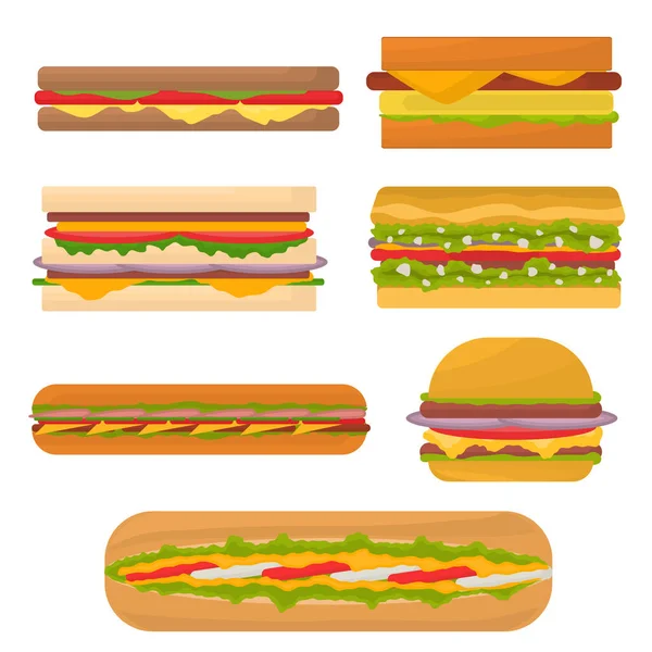 Dibujos animados Color sabroso sándwiches icono conjunto. Vector — Vector de stock