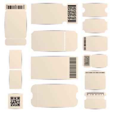 Gerçekçi detaylı 3d beyaz boş bilet şablon Mockup ayarlayın. Vektör