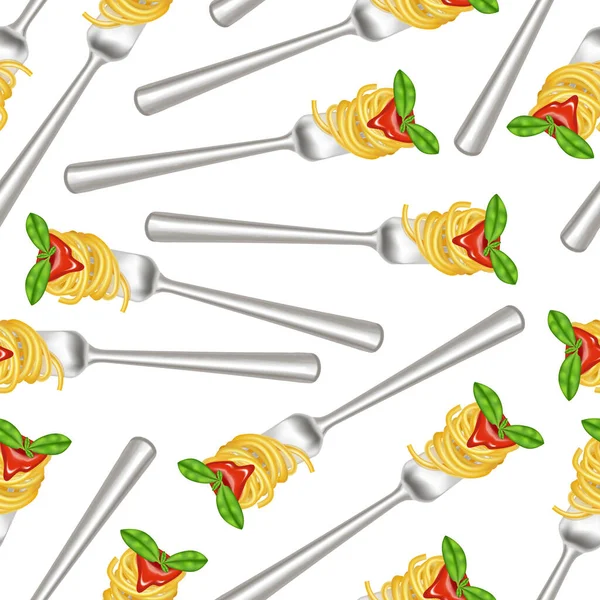 Spaghettis 3d détaillés réalistes à la fourche fond de motif sans couture. Vecteur — Image vectorielle