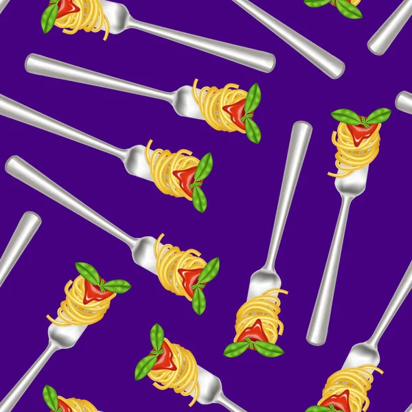 Spaghettis 3d détaillés réalistes à la fourche fond de motif sans couture. Vecteur — Image vectorielle