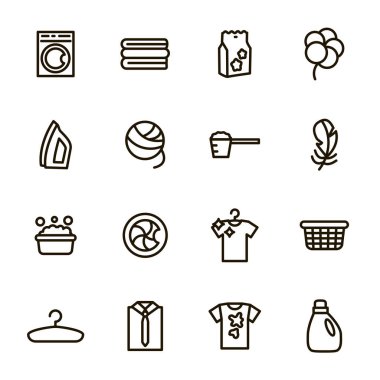 Çamaşır İşareti Siyah İnce Çizgi Simgesi Ayarlandı. Vektör