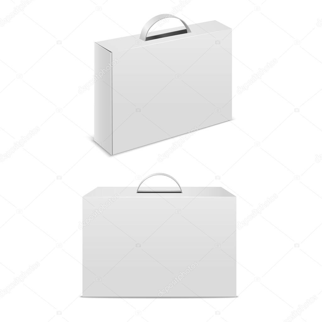 Realistic Detailed 3d White Blank White Box Case with Handle Template Mockup Set. Vector