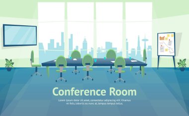 Karikatür Renkli Konferans Salonu İç İşleri Kartı. Vektör