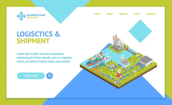 Concepto de Transporte Logístico Landing Web Page Template 3D Isomtric View. Vector — Vector de stock