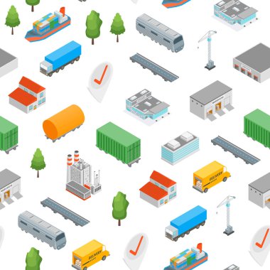 Lojistik Ulaşım Konsepti Kusursuz Desensiz Arkaplan 3D Isometric View. Vektör