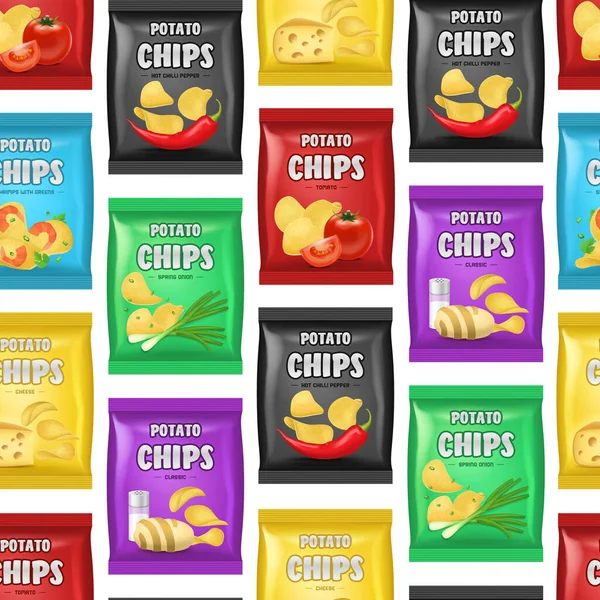 Réaliste détaillée 3d Chips publicité sac sans couture motif fond. Vecteur — Image vectorielle