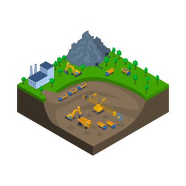 Madencilik Endüstrisi Sahne Konsepti 3 boyutlu Isometric View. Vektör