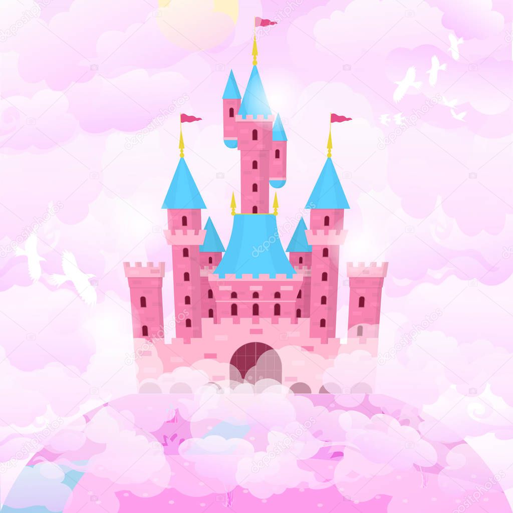 Cartoon Color Castle Princess Building on a Landscape Background Scene. Vector
