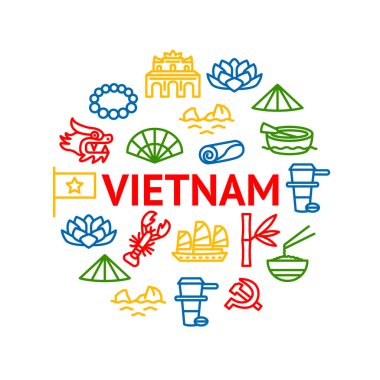 Vietnam İşaretleri İnce Hat Yuvarlak Tasarım Şablonu İlanı. Vektör