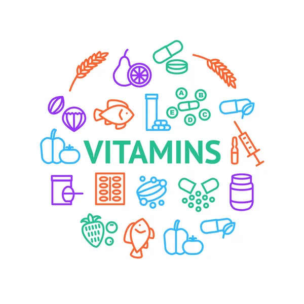 Vitamin und Ernährung Zeichen dünne Linie runde Design-Vorlage Anzeige. Vektor — Stockvektor
