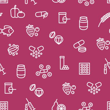 Vitamin ve Beslenme İşaretleri İnce Çizgisiz Desen Arkaplanı. Vektör