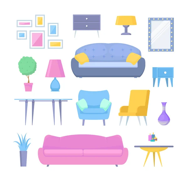 Muebles de dibujos animados de color y accesorios para el hogar Set de iconos. Vector — Archivo Imágenes Vectoriales