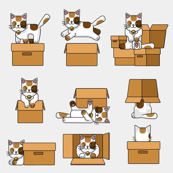 漫画カラー猫とボックスアイコンセット。ベクトル — ストックベクタ