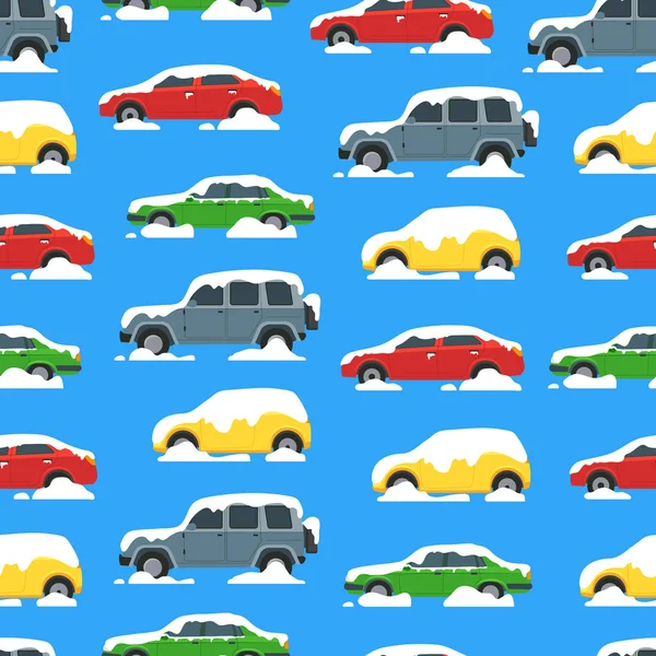 Dibujos animados de color de coches cubiertos de nieve sin costuras Patrón de fondo. Vector — Vector de stock