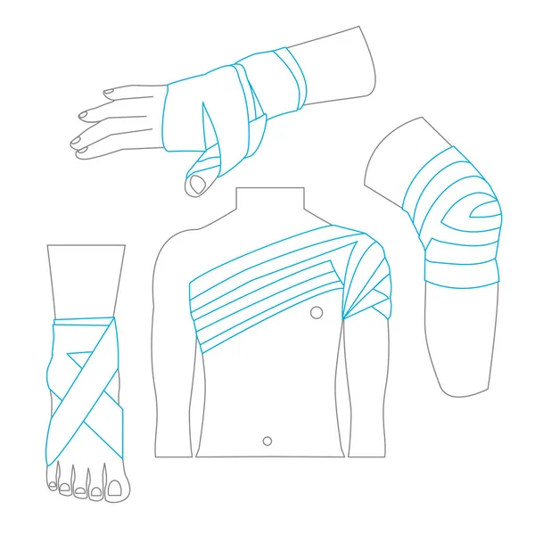Elastische medizinische Binde dünne Linie gesetzt Körperteile. Vektor — Stockvektor