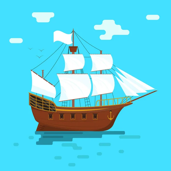 Мультфильм Парусник или корабль с белыми парусами. Вектор — стоковый вектор