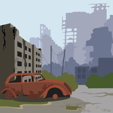 Çizgi film Rengi Mahvolmuş Şehir Manzarası Arka plan Sahnesi. Vektör
