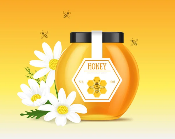 Realistische 3D Gedetailleerde Honey Product Ad Concept Kaart Achtergrond. Vector — Stockvector