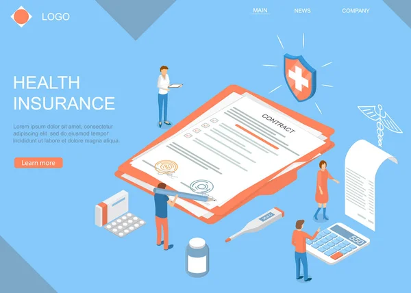 Saúde Seguro Conceito Cartão Landing Web Page Template. Vetor — Vetor de Stock