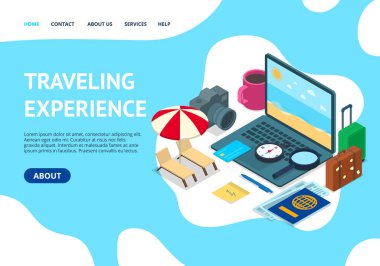 Seyahat Deneyimi Konsept Kartı İniş Web Şablonu. Vektör