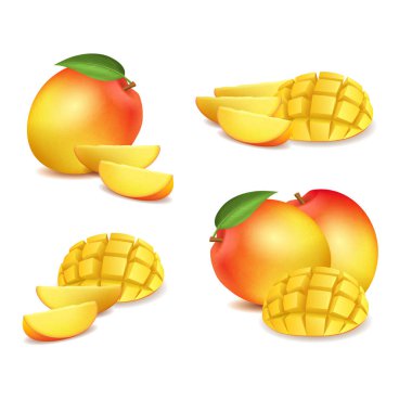 Gerçekçi Detaylı 3 boyutlu Mango ve Dilimlenmiş Set. Vektör