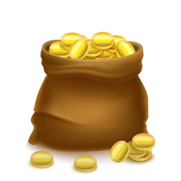 Realista detallada 3d monedas de oro en bolsa. Vector — Vector de stock