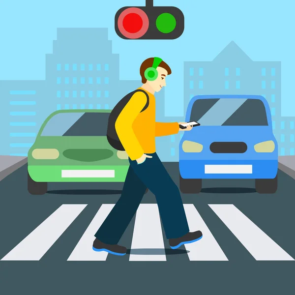 Cartoon-Farbe Charakter Person Fußgänger mit Smartphone-Konzept. Vektor — Stockvektor