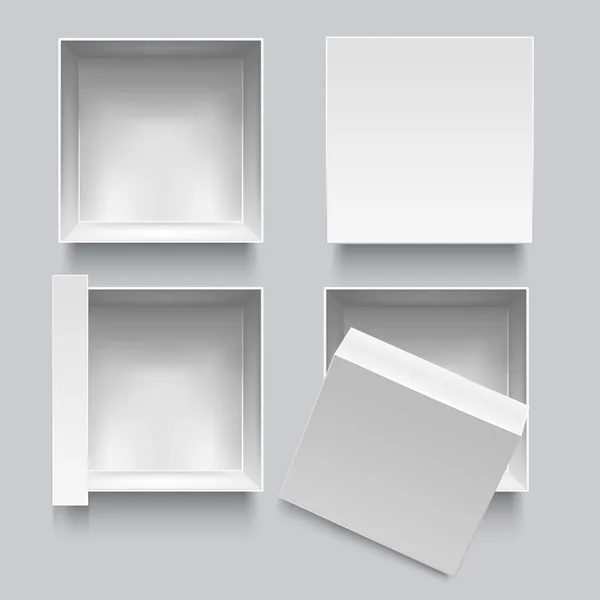 Realista detallado 3d blanco blanco vista superior caja plantilla conjunto de maquetas. Vector — Vector de stock