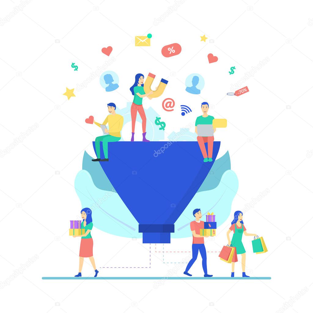 Cartoon Color Characters People and Marketing Funnel Concept. Vector