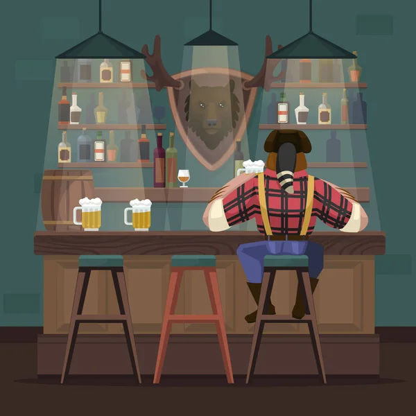 Cartoon Color Character Person and Beer Bar Interior Inside Concept. Vector — 스톡 벡터