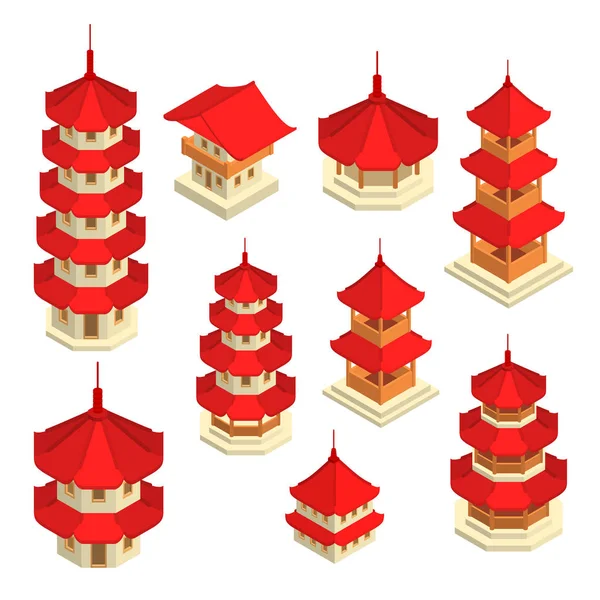 Edificio de Arquitectura Asiática Signo Icono 3d Set Isométrico Vista. Vector — Archivo Imágenes Vectoriales