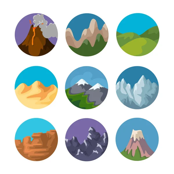 Conjunto de ícones de sinal de montanha diferente de cor de desenhos animados. Vetor — Vetor de Stock