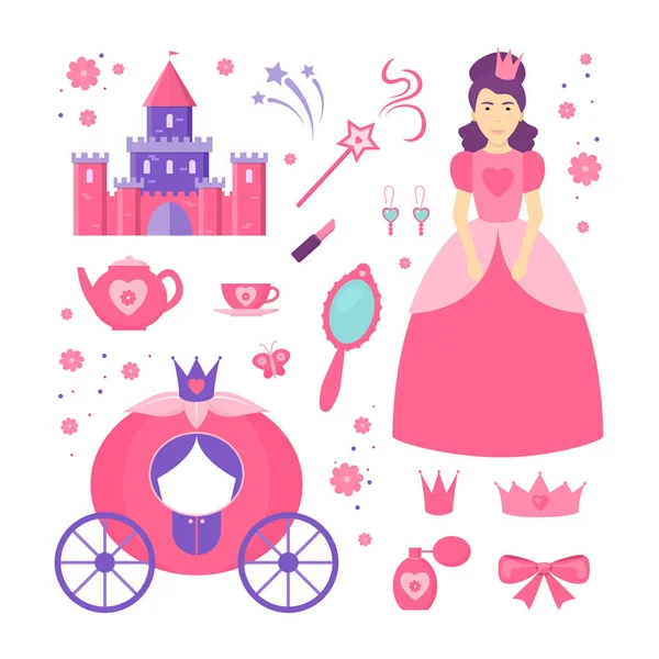 Dessin animé couleur princesse signe icône ensemble. Vecteur — Image vectorielle