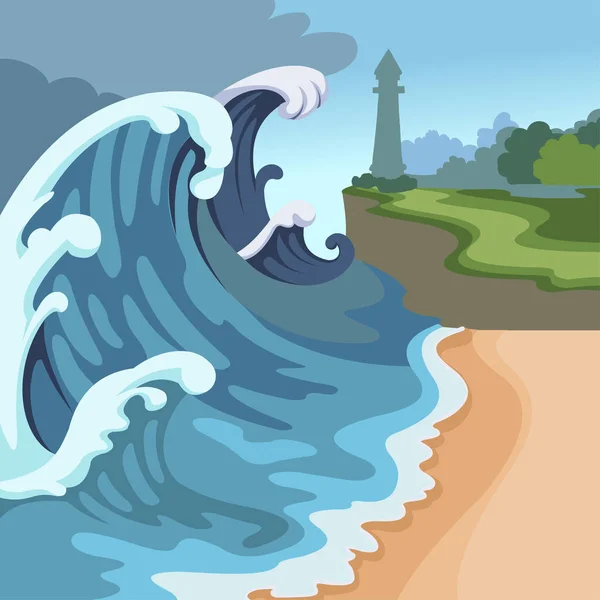 Cartoon Color Tsunami Waves Scene Concept. Vektor — Stockový vektor