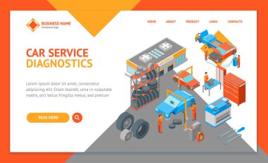 Otomatik Servis 3d İniş Web Sayfa Şablonu Isometric View. Vektör