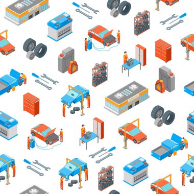 Otomatik Servis 3d Kusursuz Arkaplan Isometric View. Vektör