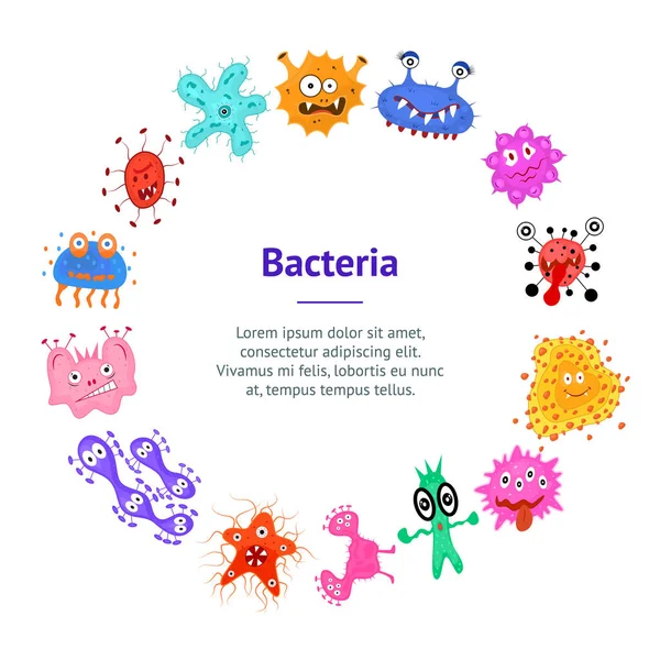 Kartun Warna Karakter Bakteri Banner Card Circle. Vektor - Stok Vektor