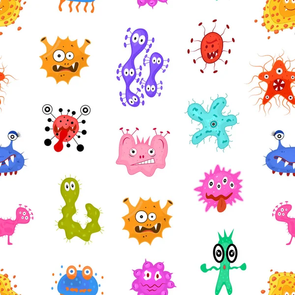 Rajzfilm színes karakterek baktériumok zökkenőmentes minta háttér. Vektor — Stock Vector