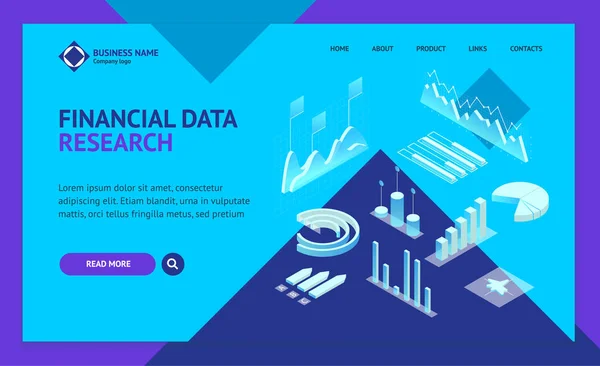 Dati grafici finanziari Concetto Landing Web Page Template 3d Vista isometrica. Vettore — Vettoriale Stock