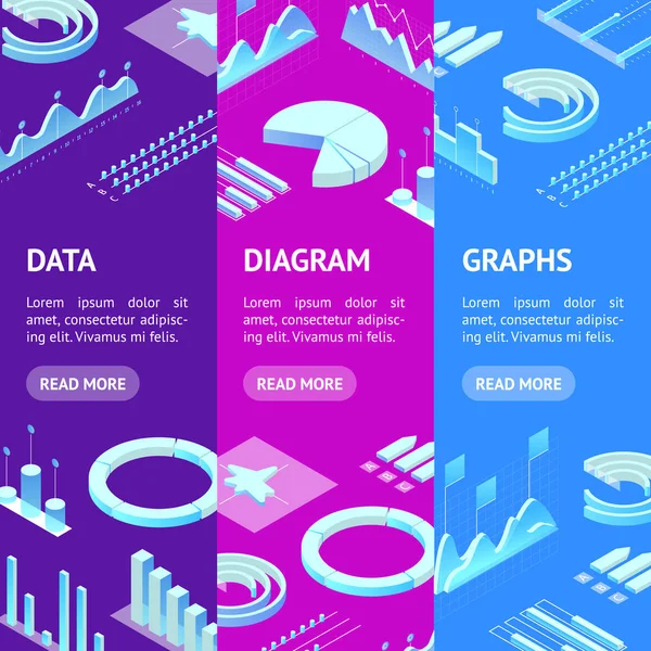 Données Graphiques financiers Concept Bannière Ensemble vectoriel Vue isométrique 3D. Vecteur — Image vectorielle